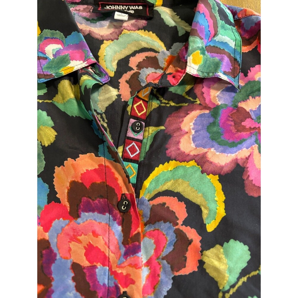 Johnny Was Workshop Shirt Womens L Multicolor Floral Silk Embroidered Cuff Boho - Picture 5 of 12